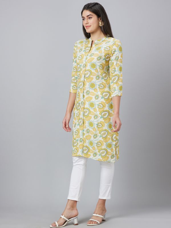 Globus Women Off White Printed Mandarin Collar Straight Kurta