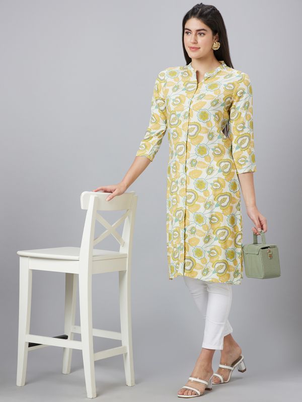 Globus Women Off White Printed Mandarin Collar Straight Kurta