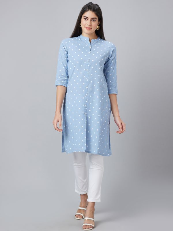 Globus Women Blue Printed Mandarin Collar Straight Kurta