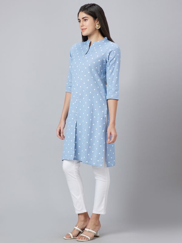 Globus Women Blue Printed Mandarin Collar Straight Kurta