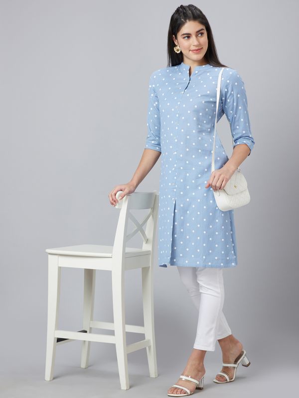 Globus Women Blue Printed Mandarin Collar Straight Kurta