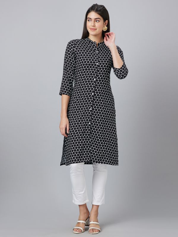 Globus Women Black Printed Mandarin Collar Straight Kurta