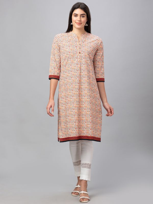 Globus Women Off White Printed Mandarin Collar 3/4 Sleeves Straight Kurta with Border Detail