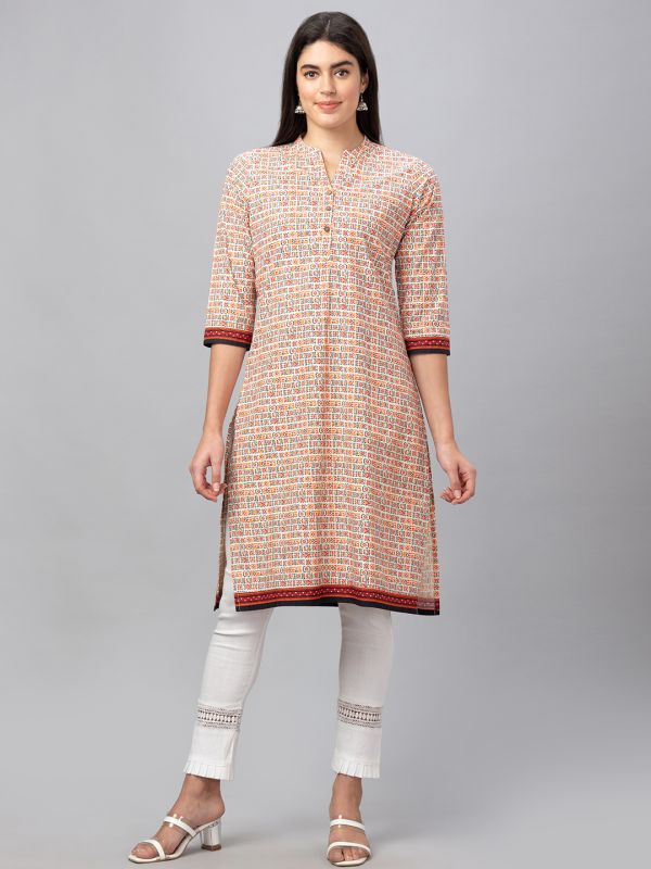 Globus Women Off White Printed Mandarin Collar 3/4 Sleeves Straight Kurta with Border Detail