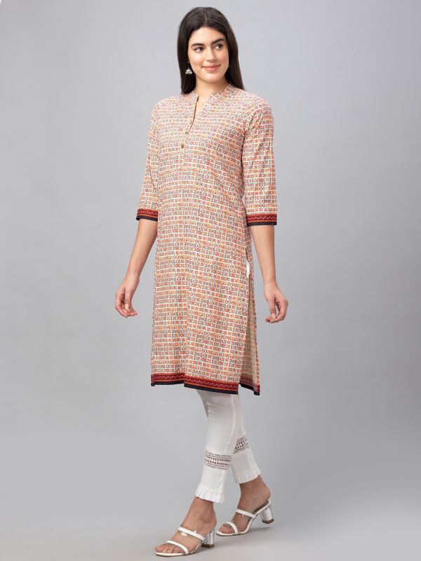 Globus Women Off White Printed Mandarin Collar 3/4 Sleeves Straight Kurta with Border Detail