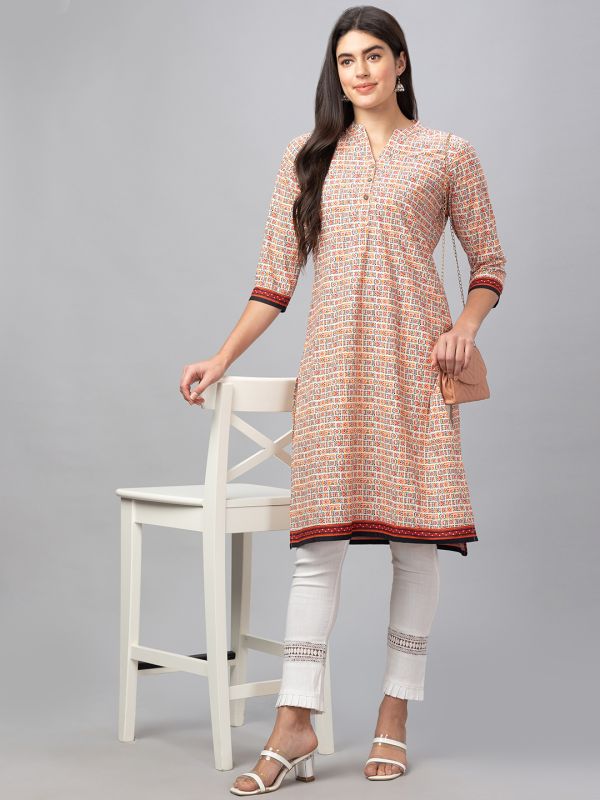 Globus Women Off White Printed Mandarin Collar 3/4 Sleeves Straight Kurta with Border Detail