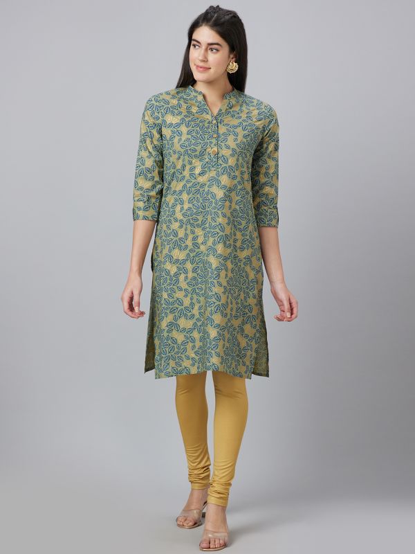 Globus Women Green Printed Mandarin Collar Straight Kurta