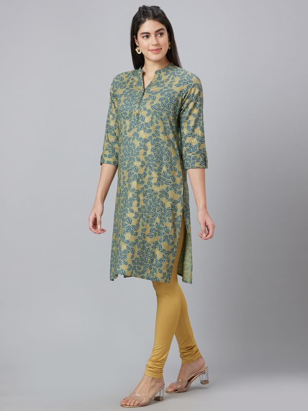 Globus Women Green Printed Mandarin Collar Straight Kurta