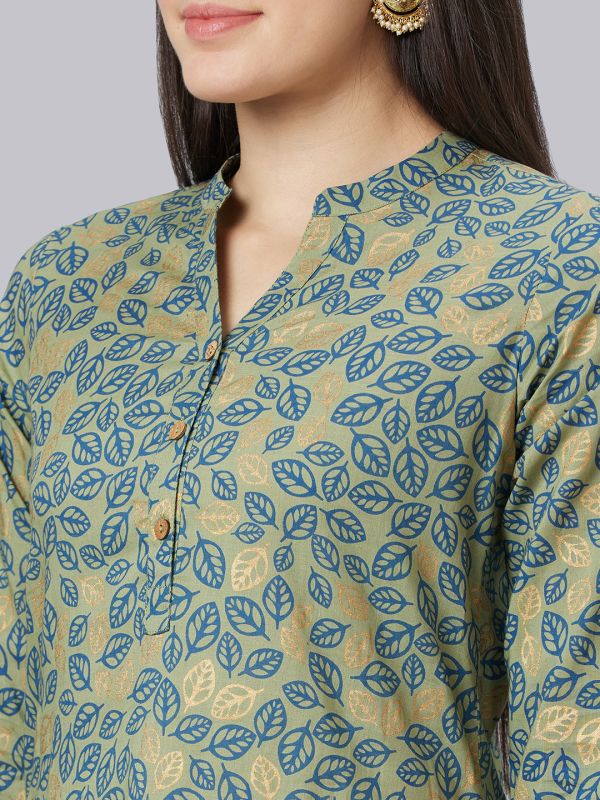 Globus Women Green Printed Mandarin Collar Straight Kurta