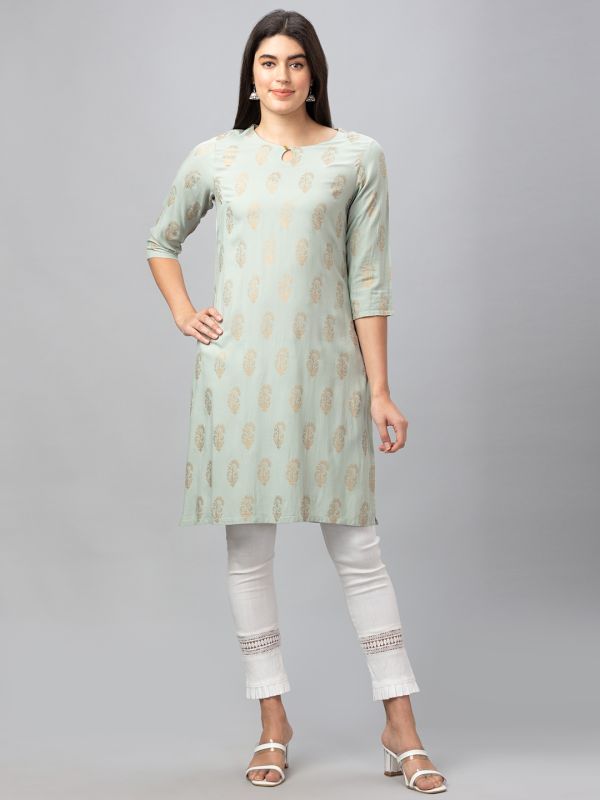 Globus Women Green Round Neck Column Gold Printed Kurta With Key Hole Detail