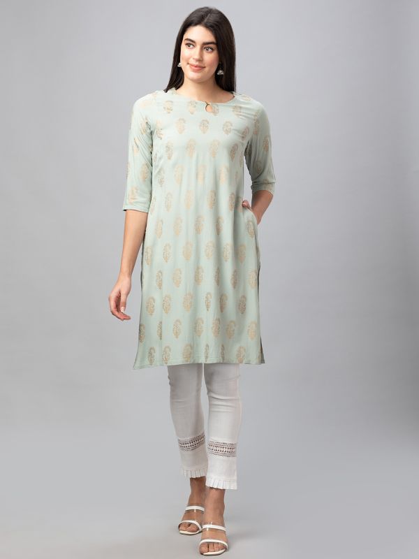 Globus Women Green Round Neck Column Gold Printed Kurta With Key Hole Detail