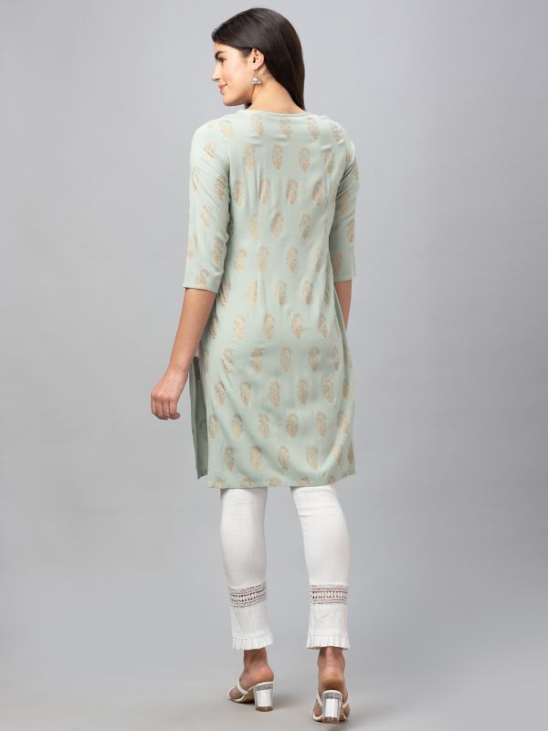 Globus Women Green Round Neck Column Gold Printed Kurta With Key Hole Detail