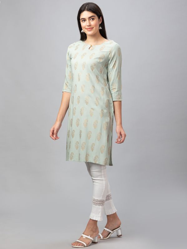 Globus Women Green Round Neck Column Gold Printed Kurta With Key Hole Detail