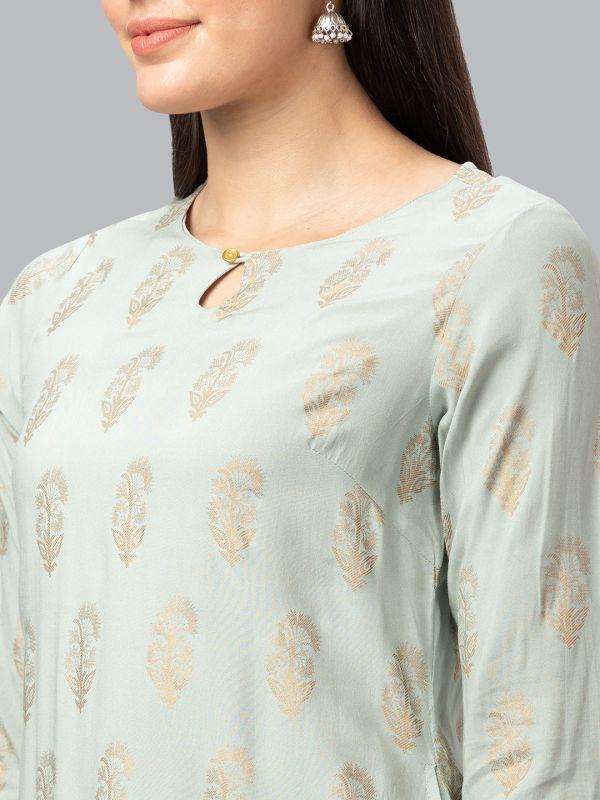 Globus Women Green Round Neck Column Gold Printed Kurta With Key Hole Detail