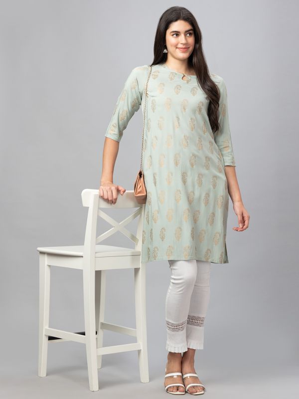 Globus Women Green Round Neck Column Gold Printed Kurta With Key Hole Detail