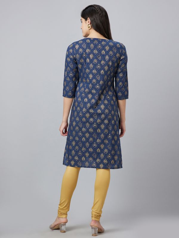 Globus Women Navy Printed Keyhole Neck Straight Kurta