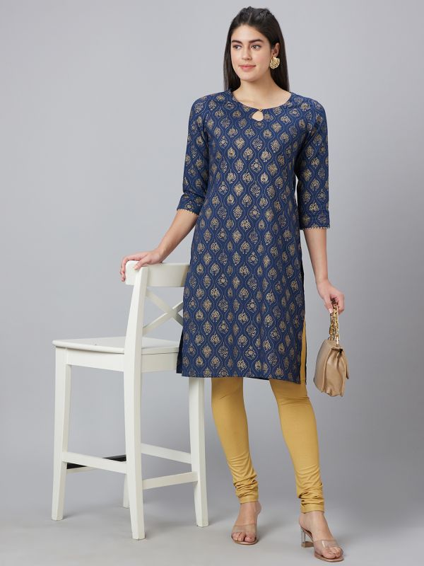 Globus Women Navy Printed Keyhole Neck Straight Kurta