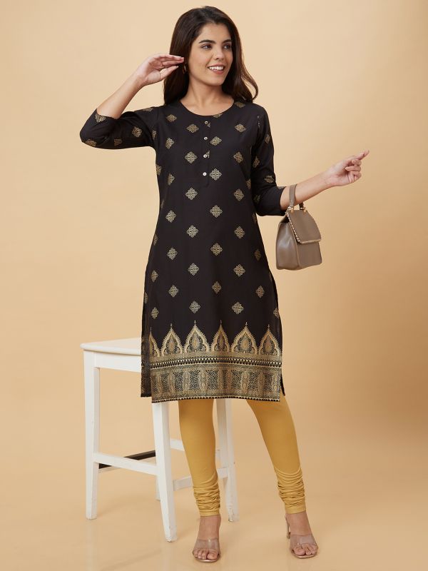 Globus Women Black Printed Straight Kurta