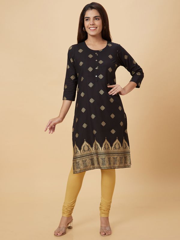 Globus Women Black Printed Straight Kurta