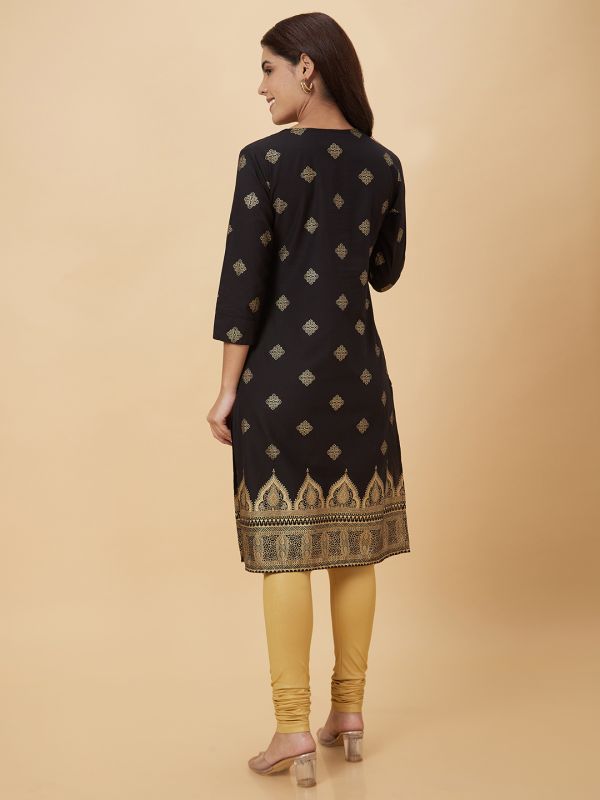 Globus Women Black Printed Straight Kurta