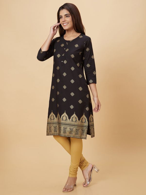 Globus Women Black Printed Straight Kurta