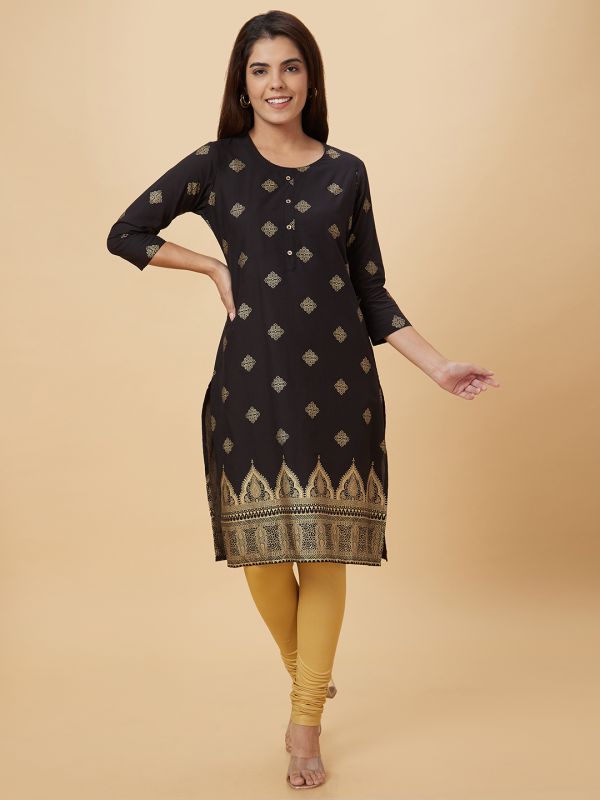 Globus Women Black Printed Straight Kurta