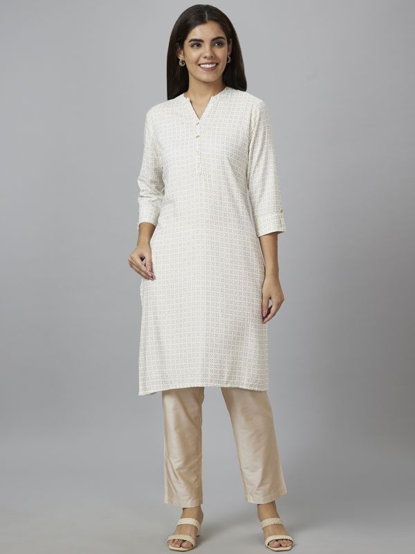 Globus Women Off White Printed Straight Kurta