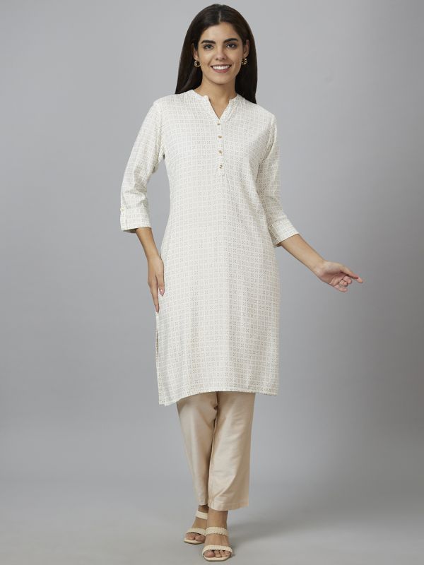 Globus Women Off White Printed Straight Kurta