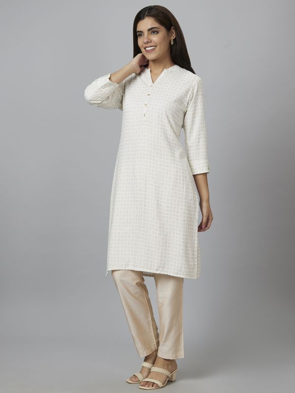 Globus Women Off White Printed Straight Kurta