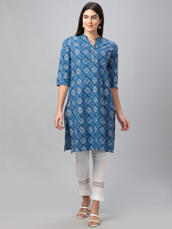 Globus Women Indigo Printed Mandarin Collar 3/4 Sleeves Straight Kurta