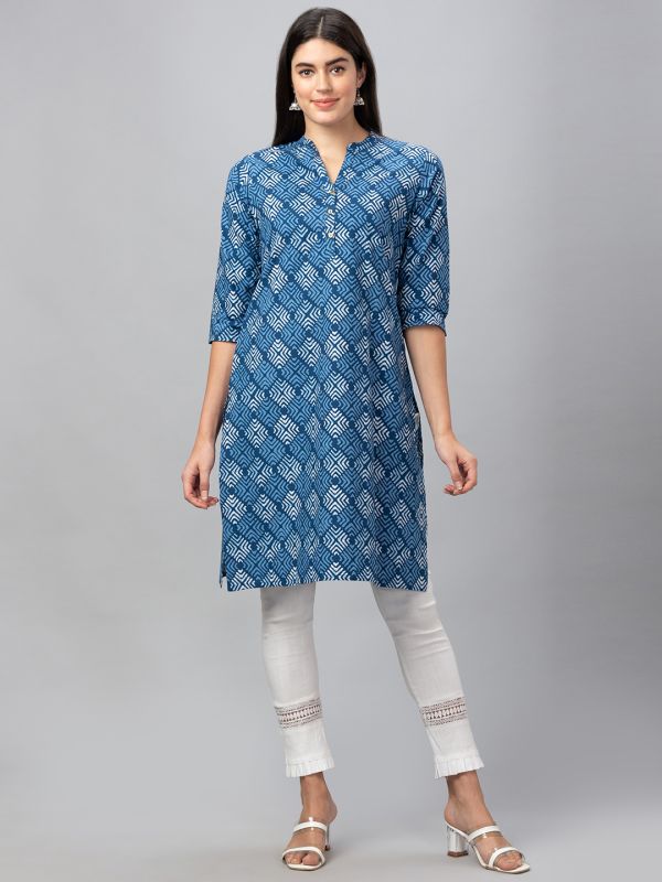 Globus Women Indigo Printed Mandarin Collar 3/4 Sleeves Straight Kurta