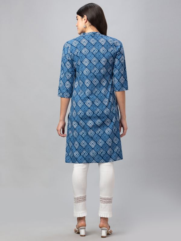 Globus Women Indigo Printed Mandarin Collar 3/4 Sleeves Straight Kurta