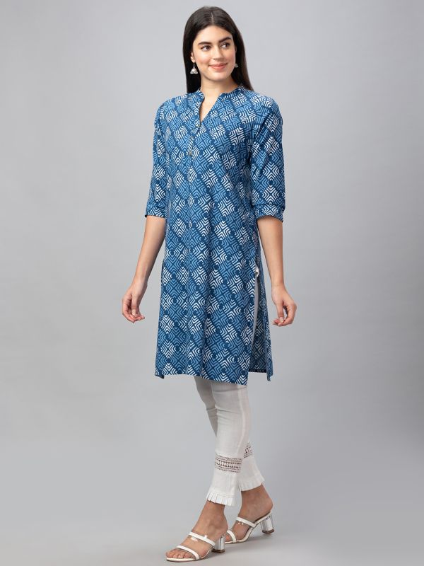 Globus Women Indigo Printed Mandarin Collar 3/4 Sleeves Straight Kurta