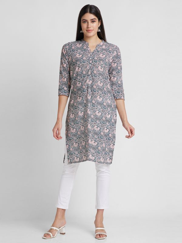 Globus Women Grey Printed Mandarin Collar Straight Kurta