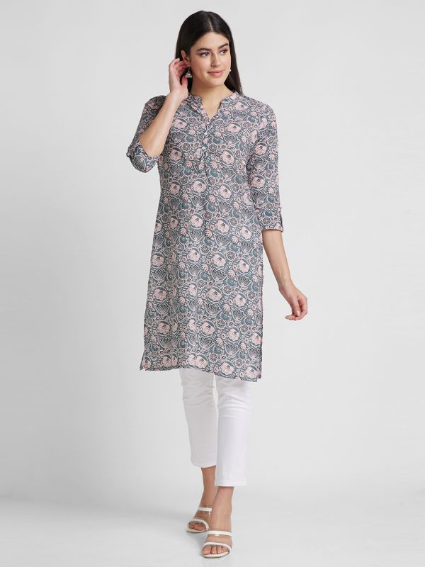 Globus Women Grey Printed Mandarin Collar Straight Kurta