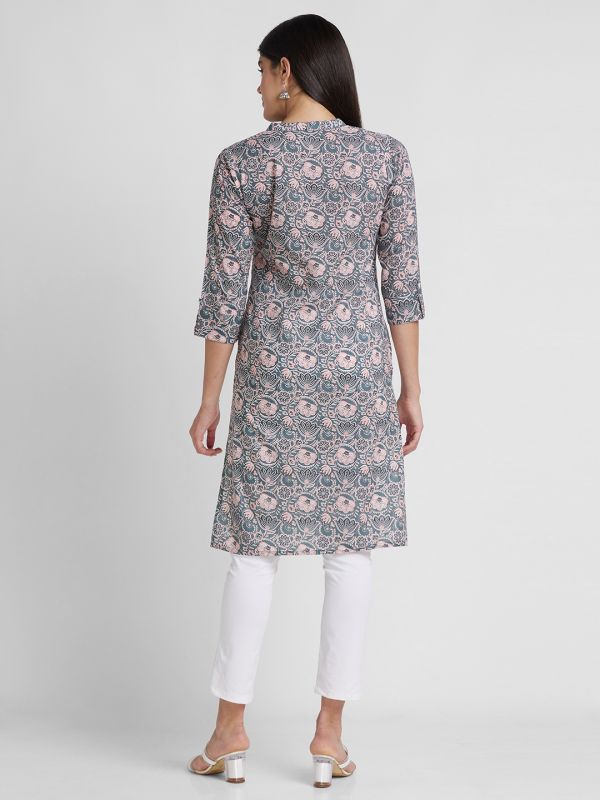 Globus Women Grey Printed Mandarin Collar Straight Kurta