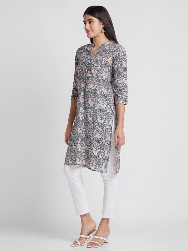 Globus Women Grey Printed Mandarin Collar Straight Kurta