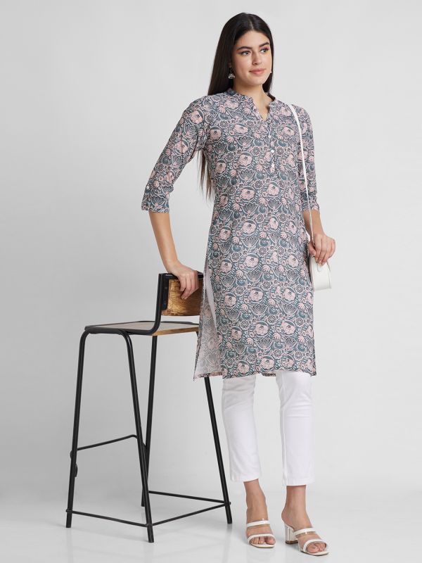 Globus Women Grey Printed Mandarin Collar Straight Kurta