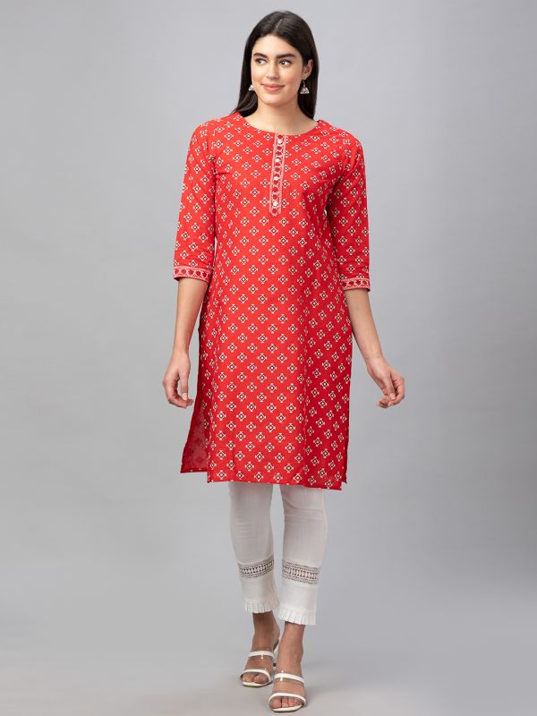 Globus Women Red Printed Round Neck 3/4 Sleeves Straight Kurta