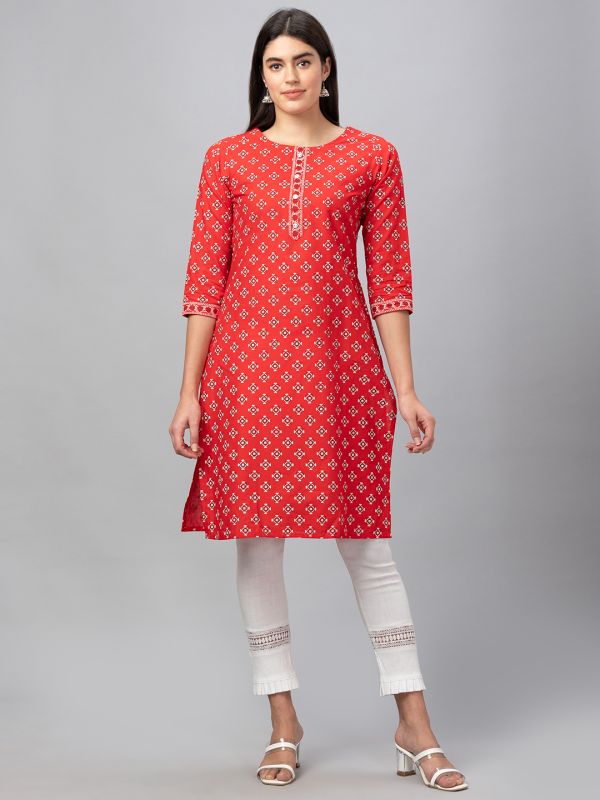 Globus Women Red Printed Round Neck 3/4 Sleeves Straight Kurta