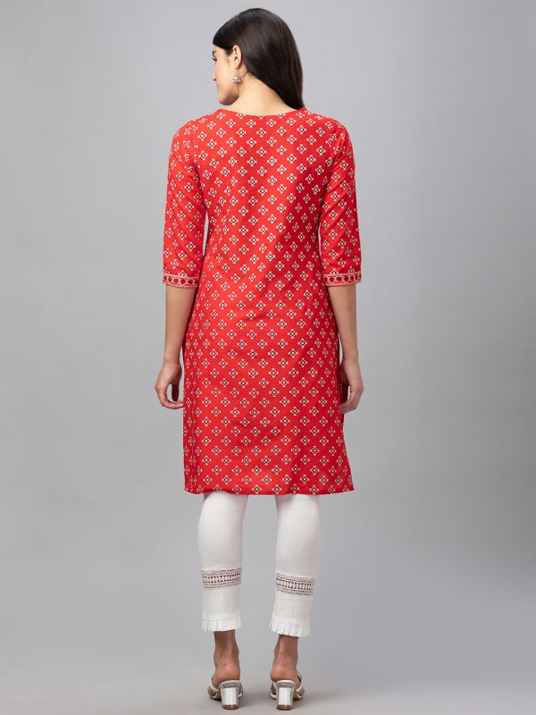 Globus Women Red Printed Round Neck 3/4 Sleeves Straight Kurta