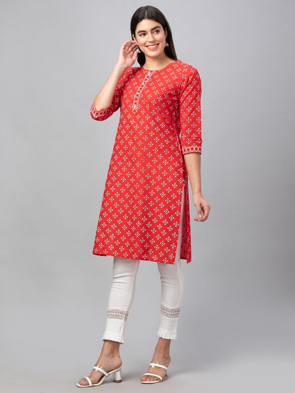 Globus Women Red Printed Round Neck 3/4 Sleeves Straight Kurta