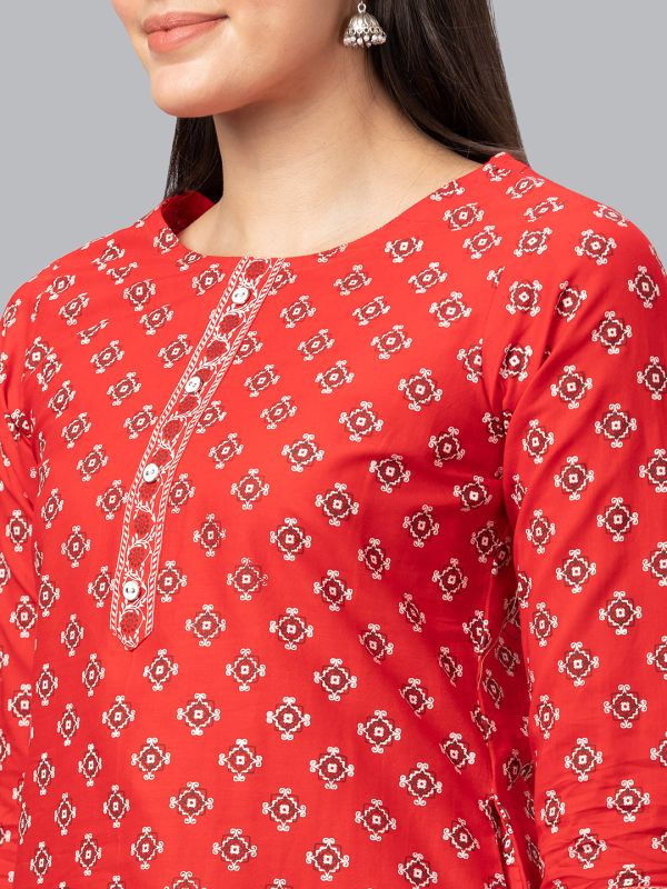 Globus Women Red Printed Round Neck 3/4 Sleeves Straight Kurta