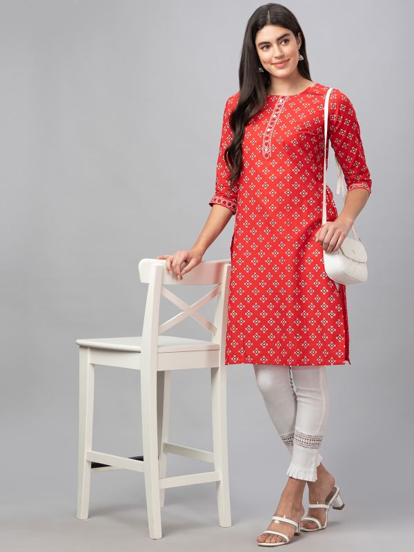 Globus Women Red Printed Round Neck 3/4 Sleeves Straight Kurta