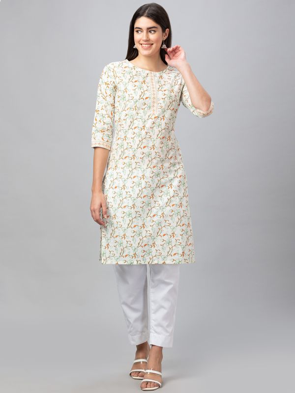 Globus Women Off White Printed Round Neck 3/4 Sleeves Straight Kurta