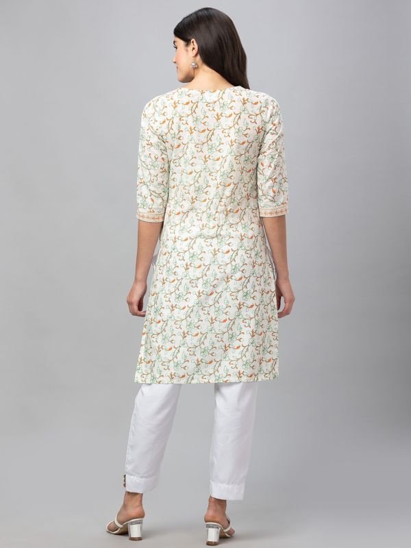 Globus Women Off White Printed Round Neck 3/4 Sleeves Straight Kurta