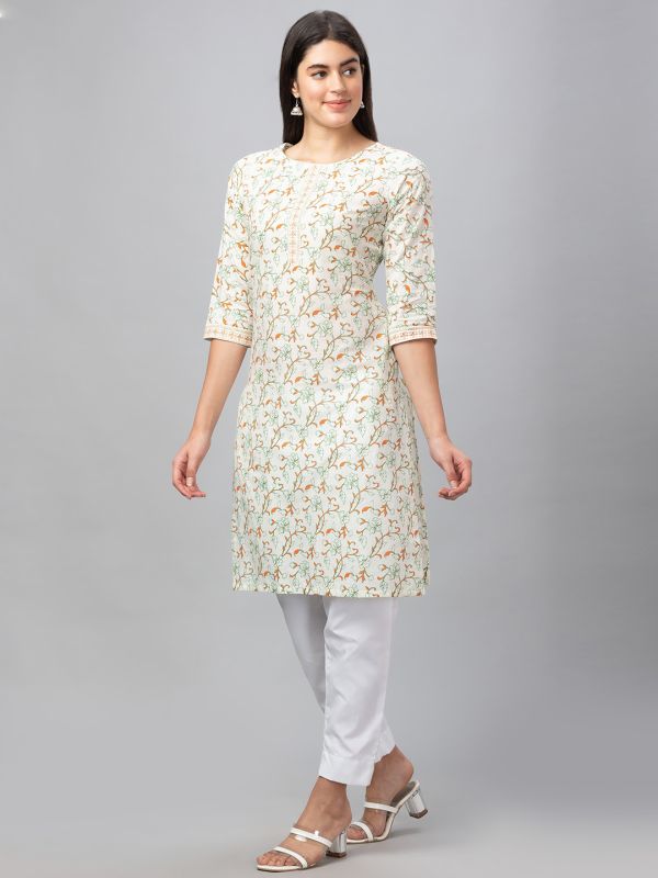 Globus Women Off White Printed Round Neck 3/4 Sleeves Straight Kurta