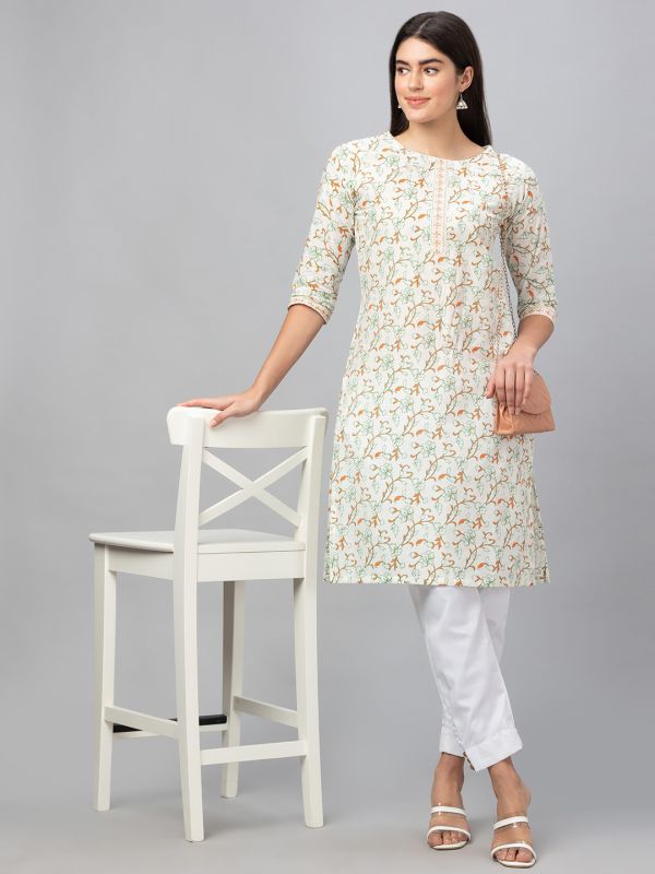 Globus Women Off White Printed Round Neck 3/4 Sleeves Straight Kurta