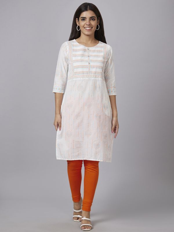 Globus Women Off White Printed Round Neck 3/4 Sleeves Straight Kurta With Border Detail