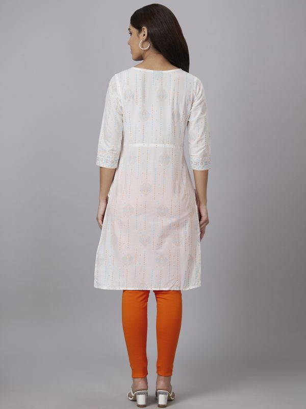 Globus Women Off White Printed Round Neck 3/4 Sleeves Straight Kurta With Border Detail